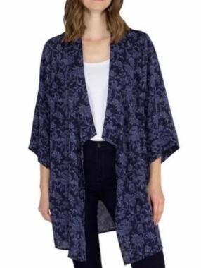 TAHARI Duster Kimono Flowing Navy Med Blue Floral 3/4 Sleeve EUC - XL